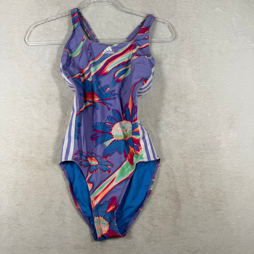 Adidas Womens Purple Floral 3-Stripe One Piece Swimsuit HM9295 Size 8 US